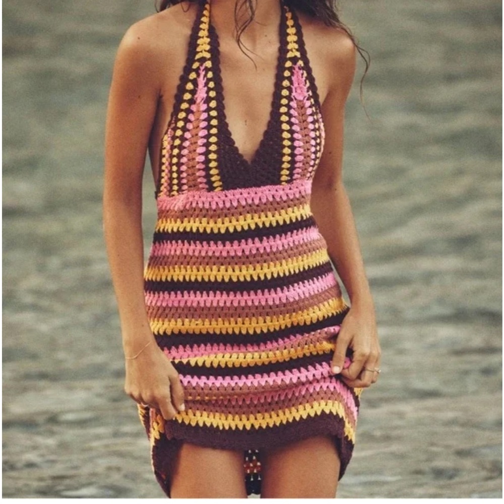 Zara Striped Crochet Dress in Pink, Brown, and Yellow